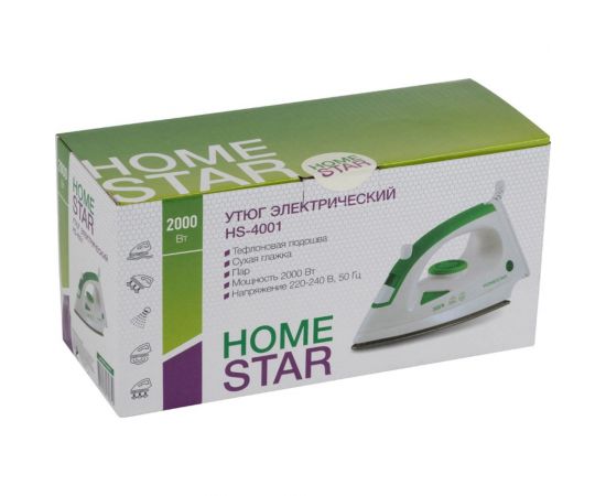 Утюг HomeStar HS-4001 бело-зеленый, 2000 Вт, пар, тефлоновая подошва 004837 – изображение 4