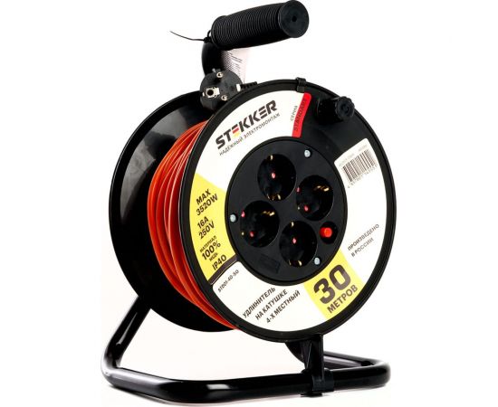 Удлинитель на катушке STEKKER STD01-40-30 Standart 4 гнезда с заземлением ПВСбм 3х1, оранжевый, 16А, IP40, 30м 49390 – изображение 2