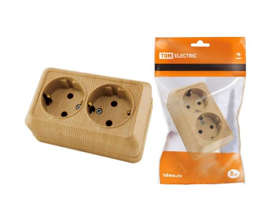 Двойная розетка TDM 2П+3 открытой установки IP20 16А 250В керамика сосна Ладога SQ1801-0413 