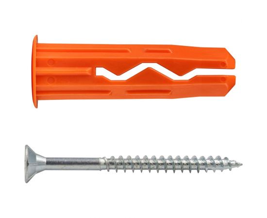Универсальный нейлоновый дюбель ЕВРОПАРТНЕР оранжевый, multi pro, 10x40 мм, шуруп multi, потайная голова, неполная резьба, tx25, zn, 5x50 мм + бита tx, 6 шт. RB3 0142 