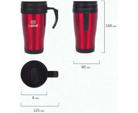 Термокружка ЛАЙМА LAIMA, 400 мл, нержавеющая сталь, пластиковая ручка, красная 605127 – изображение 6