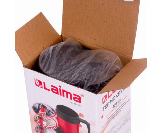 Термокружка ЛАЙМА LAIMA, 400 мл, нержавеющая сталь, пластиковая ручка, красная 605127 – изображение 7