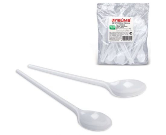 Пластиковые одноразовые чайные ложки ЛАЙМА Бюджет комплект 100 шт, 125 мм, белые 600948 