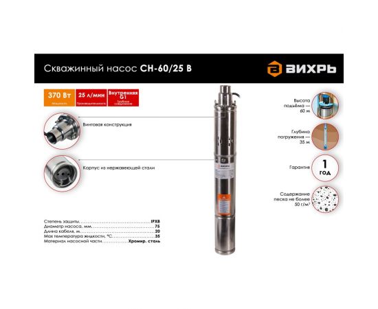 Скважинный насос Вихрь СН-60/25 В 68/3/14 – изображение 2