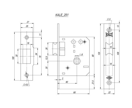 Врезная защелка KALE KILIT 251/R, 40 мм, латунь 1097 – изображение 2
