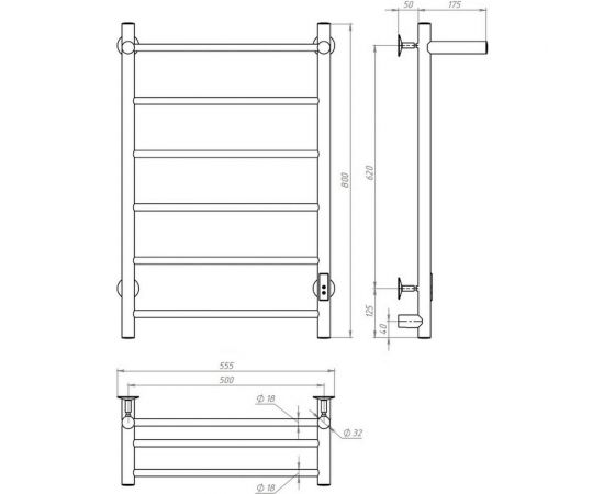 Электрический полотенцесушитель Zox ЛЦ 80x50 с полкой, 6 перекладин, прямой черный, универсальное подключение 450 Вт 549209 – изображение 3