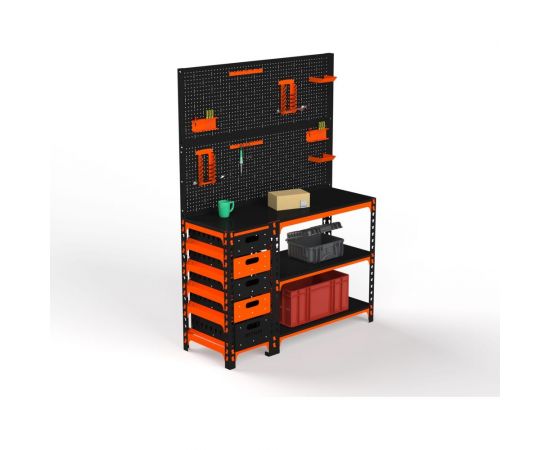 Стол-верстак ООО Металекс c одной тумбой, 950x1200x600 мм + двойная перфопанель с комплектом аксессуаров оранжево-чёрный 111196 