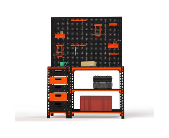 Стол-верстак ООО Металекс c одной тумбой, 950x1200x600 мм + двойная перфопанель с комплектом аксессуаров оранжево-чёрный 111196 – изображение 3