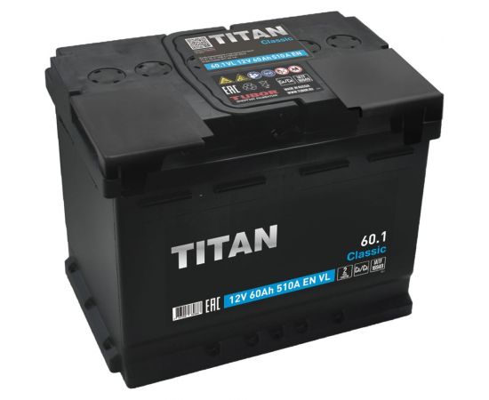 Аккумулятор TITAN CLASSIC, 60.1 VL (П.П.) 510А, 242x175x190 4607008889888 