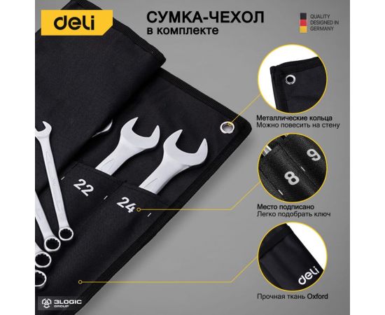 Набор комбинированных гаечных ключей DELI dl130014a матовая хромированная поверхность, тканевая упаковка, 14 шт. 104509 – изображение 5