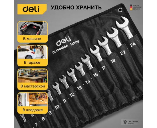 Набор комбинированных гаечных ключей DELI dl130014a матовая хромированная поверхность, тканевая упаковка, 14 шт. 104509 – изображение 6