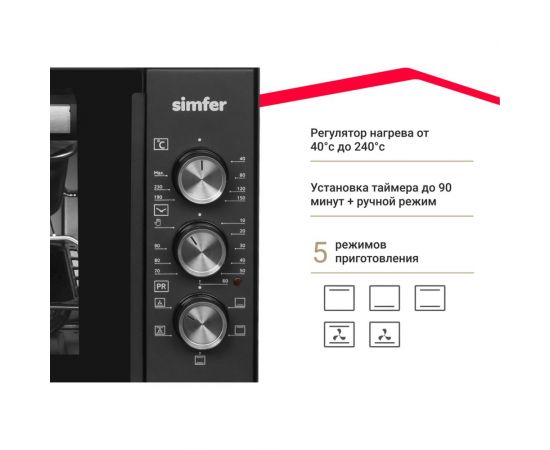 Мини-печь SImfer Classic 5 режимов работы, конвекция, 2 противня M3516 – изображение 6