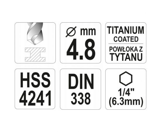 Сверло по металлу HSS-TiN 4.8 мм с хвостовиком HEX1/4 YATO YT-44760 – изображение 4