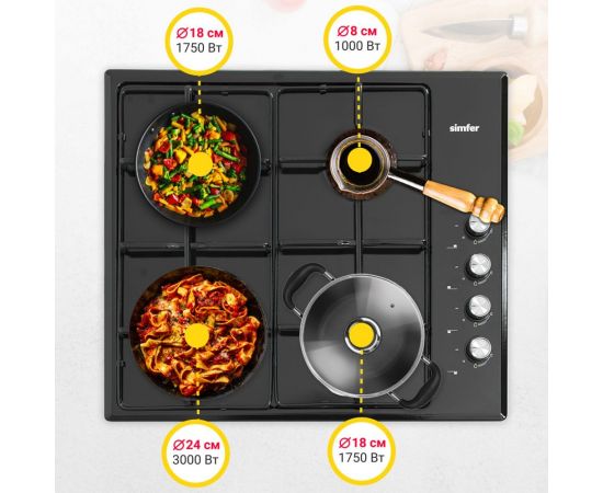 Газовая варочная панель SImfer эмалированные решетки, автоподжиг H60Q40B470 – изображение 4