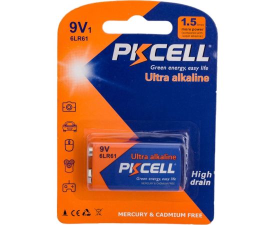 Щелочной/алкалиновый элемент питания PKCELL тип - 9VКрона 1 шт в блистере 6LR61-1B 
