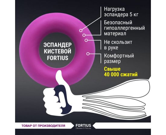 Кистевой эспандер для рук FORTIUS 5 кг, фиолетовый, H180701-05TP – изображение 2