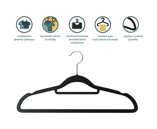 Противоскользящие вельветовые вешалки-плечики HOMSU набор 20 штук, черные HOM-1139 – изображение 5