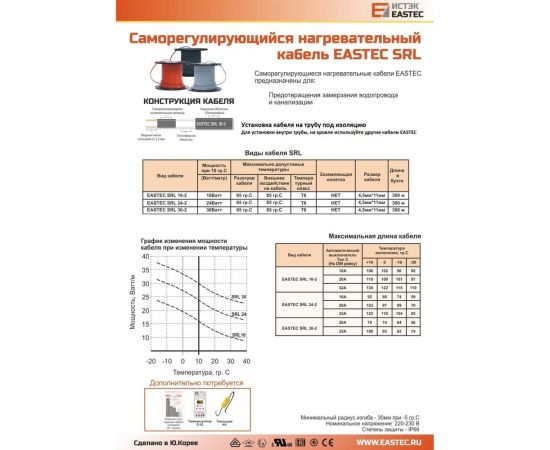Греющий кабель для труб EASTEC SRL 30-2 (Ю.Корея) саморегулирующийся 30 Вт/м 20 м EASTEC SRL 30-2-20м – изображение 2