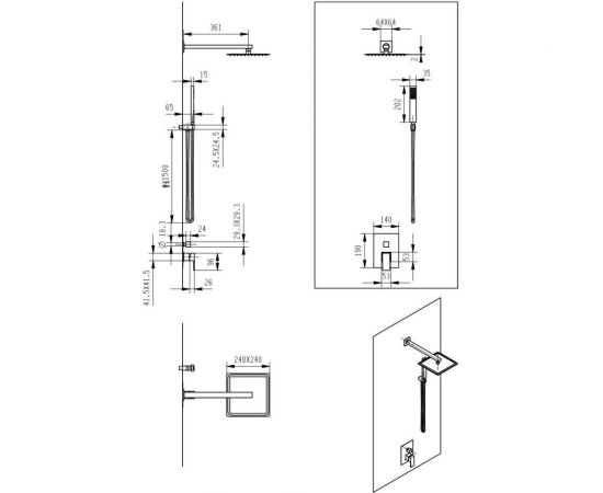 Встраиваемый смеситель для душа SANTREK AQUA-1052 (SAP-1052) квадратная лейка, черный (тропическая лейка 25x25 см) 312279 – изображение 6
