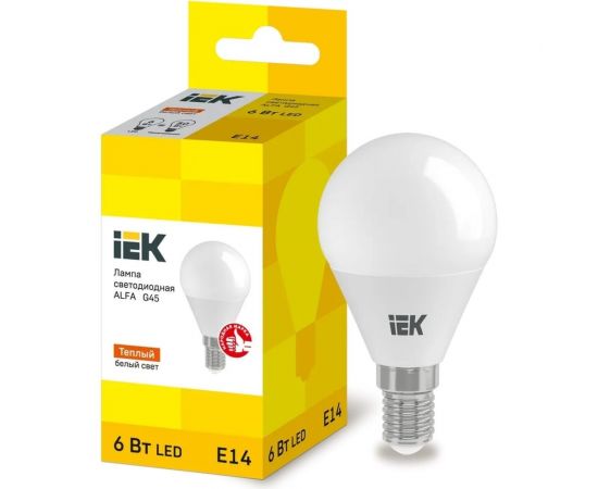 Светодиодная лампа IEK alfa g45 шар 6вт 230в 3000к e14 LLA-G45-6-230-30-E14 