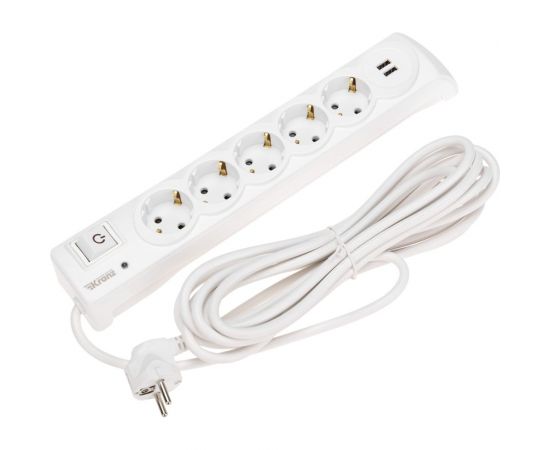 Сетевой фильтр KRANZ 5 гнезд, 5м, 3x1,5мм?, с автовыкл, 2 usb, белый 13-4701 