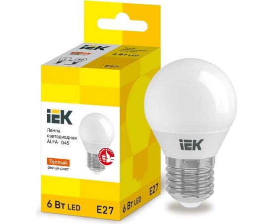 Светодиодная лампа IEK alfa g45 шар 6вт 230в 3000к e27 LLA-G45-6-230-30-E27 