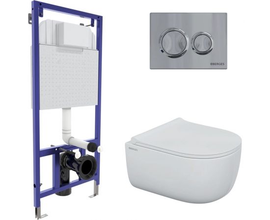 Комплект для монтажа подвесного унитаза Berges: инсталляция novum525, кнопка o3 хром глянец, унитаз ego rimless, сиденье дюропласт okus slim so, микролифт, быстросъем 043249 