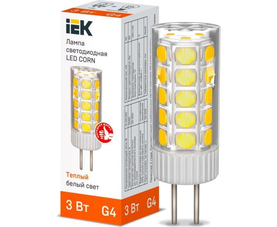 Светодиодная лампа IEK corn капсула 3вт 12в 3000к керамика g4 LLE-CORN-3-012-30-G4 