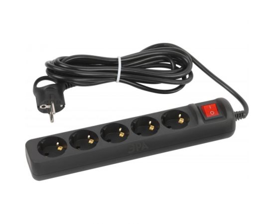 Электрический удлинитель ЭРА UX5es5mB с заземлением, с выключателем, 5 розеток 5 м, ПВС 3x0,75мм2, 10А, черный Б0057732 