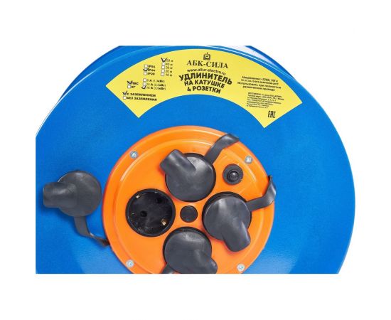 Силовой удлинитель на металлической катушке АБК-СИЛА 4 гнезда с заземлением и крышками IP54, длина кабеля 30м 2348402 – изображение 2
