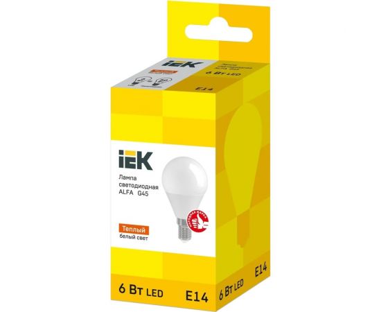 Светодиодная лампа IEK alfa g45 шар 6вт 230в 3000к e14 LLA-G45-6-230-30-E14 – изображение 2