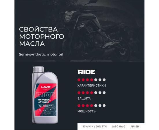 Моторное масло MOTO RIDE UNIVERSAL 4T 10W40 SM, 1 л LAVR Ln7745 – изображение 3