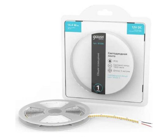 Светодиодная лента Gauss Basic LED 2835/240 12V 14,4W/m 1600lm/m 4000K 10mm IP20 5m BT086 – изображение 3