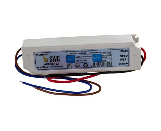 Блок питания для ленты SWG LV-60-12, IP 67, пластик, 60 W, 12V 00000000102 – изображение 3