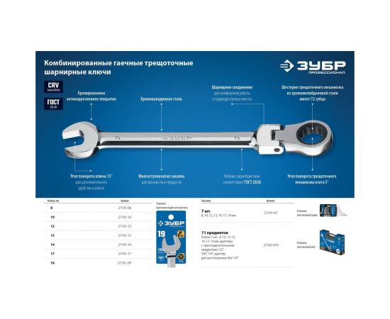 Комбинированный гаечный ключ трещоточный шарнирный Зубр ПРОФ 27101-19 – изображение 2