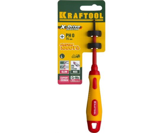 Отвертка KRAFTOOL высоковольтная, Cr-Mo-V стержень, двухкомп. маслобензостойкая рукоятка, PH №0, 60мм 250084-0-060 – изображение 3