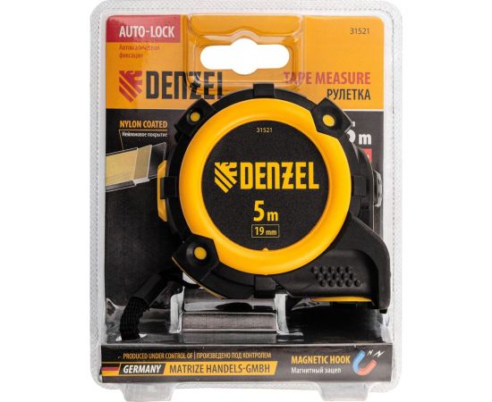 Рулетка Denzel 5 м, 19 мм, автоматическая фиксация, нейлоновое покрытие, магнит. зацеп, двухсторонняя разметка 31521 – изображение 6