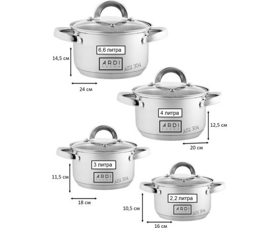 Набор кастрюль ARDI Kuche из нержавеющей стали 8 предметов AR-812 2 00-00014784 – изображение 3