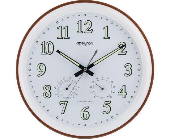 Круглые настенные часы Apeyron светящийся циферблат, термометр, гигрометр, коричневый, пластик, диаметр 34.1 см PL2207-263-3 