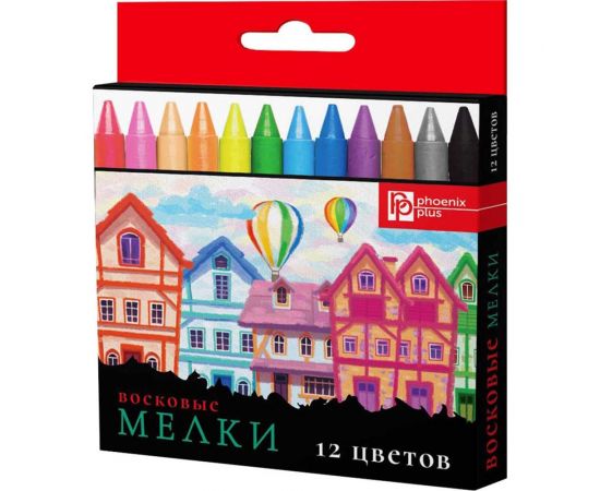 Восковые мелки Феникс + Домики 12 цветов, 88x8 мм, круглый корпус, картонная коробка с европодвесом 59087 
