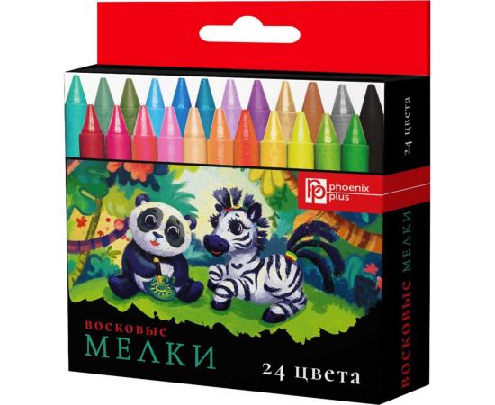 Восковые мелки Феникс + Зверята 24 цвета, 88x8 мм, круглый корпус, картонная коробка с европодвесом 59088 