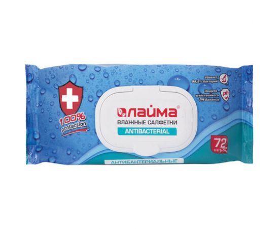 Антибактериальные влажные салфетки ЛАЙМА Antibacterial 72 шт, клапан крышка 129997 – изображение 3