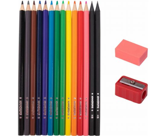 Цветные карандаши ЮНЛАНДИЯ Монстрик, набор 12 цветов + 2 чернографитных карандаша + ластик + точилка, заточенные, шестигранные 181690 – изображение 3