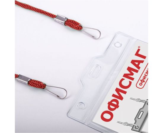 Вертикальный бейдж ОФИСМАГ большой, 120x90 мм, на красном шнурке 45 см, 2 карабина 235720 – изображение 3