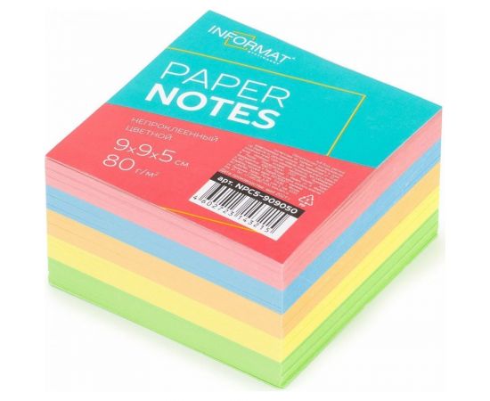 Блок для записи INFORMAT 9х9х5 см куб непроклееный пастель 5 цветов 80 г/м2 NPC5-909050 