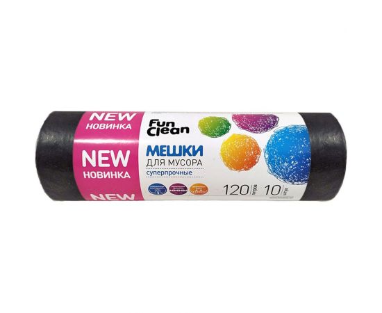 Мешки для мусора Fun Clean суперпрочные, 120 л, 10 шт., черные, пвд 16576 
