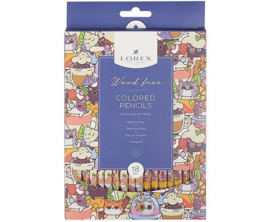 Набор цветных карандашей LOREX WOOD FREE COCKTAIL KITTENS 18 цветов, трехгранные LXCPWF18-CK 