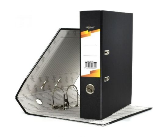 Папка-регистратор INFORMAT 75 мм, цвет черный, картон, металлическая окантовка, собранная OP9080K – изображение 4