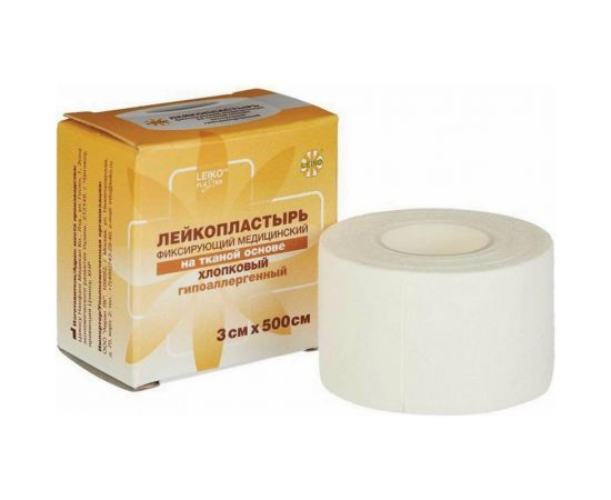 Медицинский фиксирующий лейкопластырь LEIKO в рулоне 3x500 см на тканевой основе белого цвета в картонной коробке 630268 – изображение 4