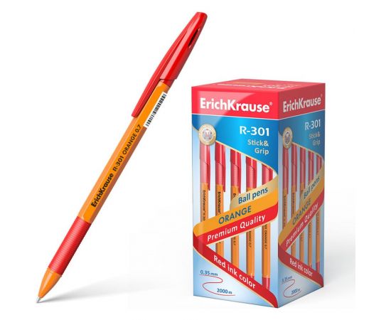 Шариковая ручка ErichKrause R-301 Orange Stick Grip 0.7, красный 43189 